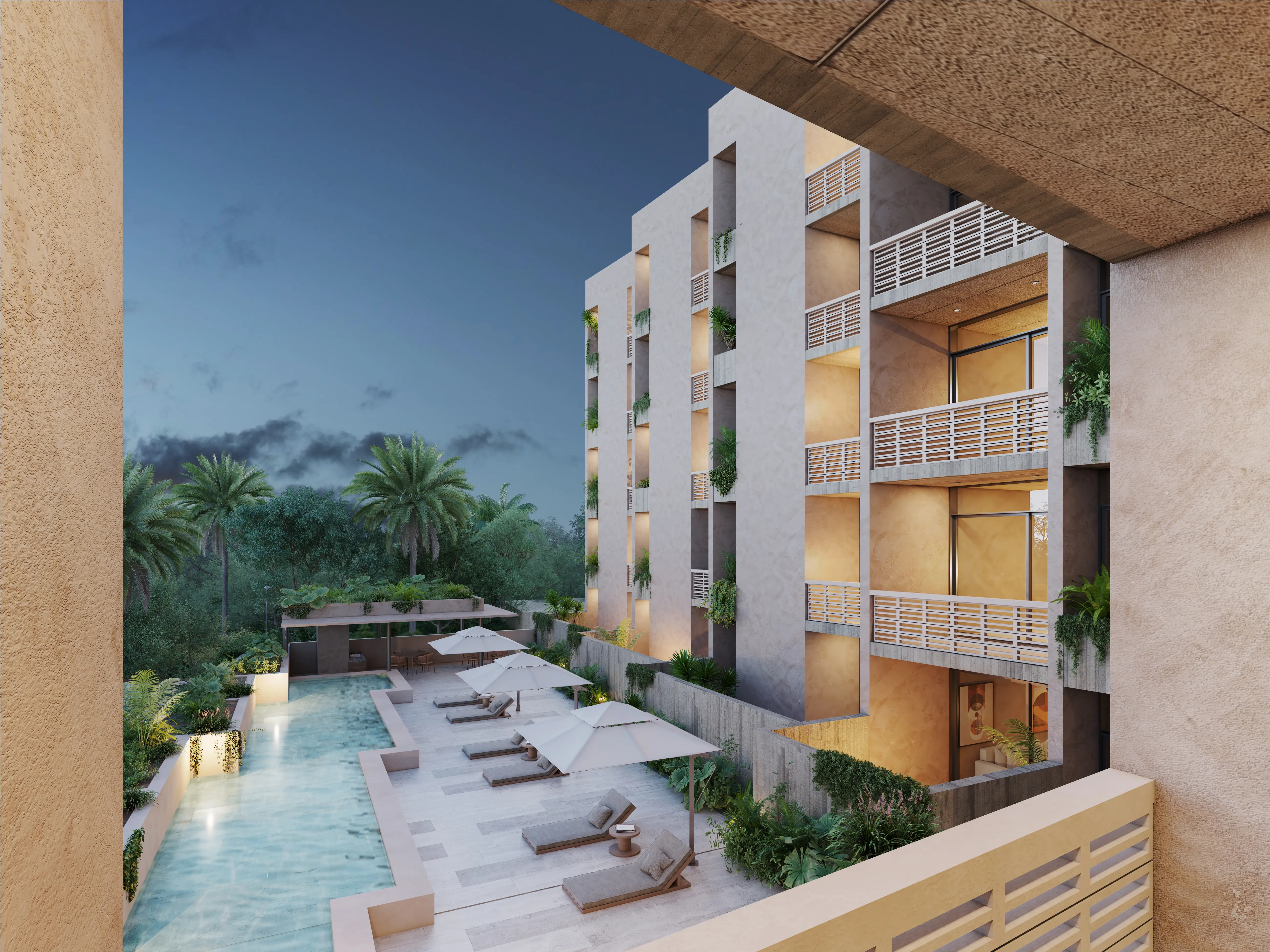 Departamentos en venta en Erenia Cancún vista alberca balcón